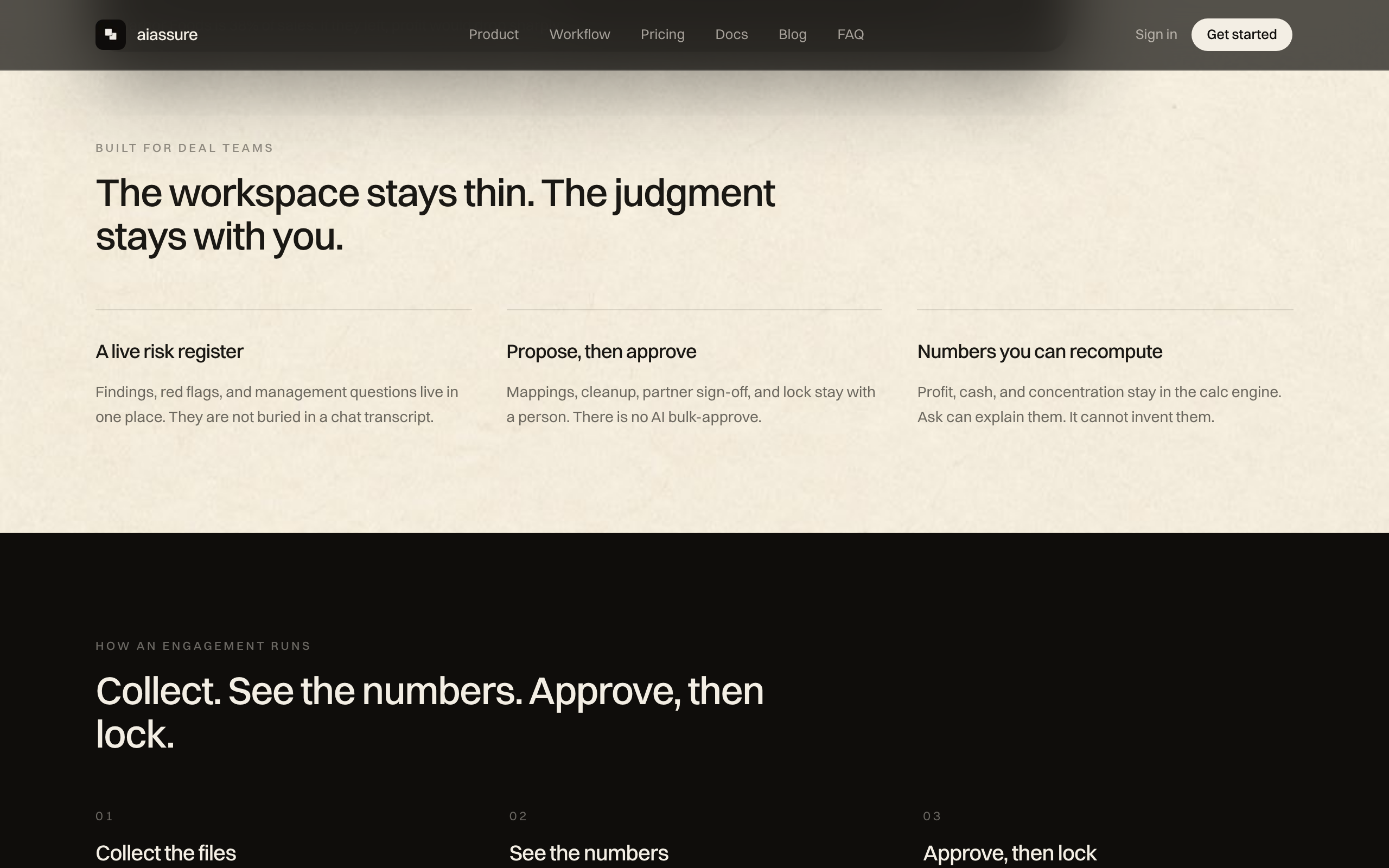 aiassure landing section on a thin workspace with partner judgment