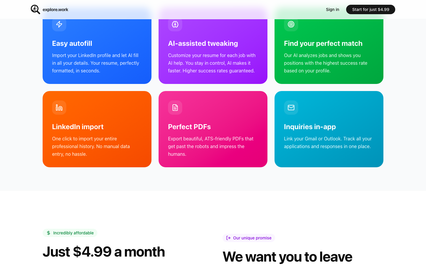 explore.work landing page showing its application features