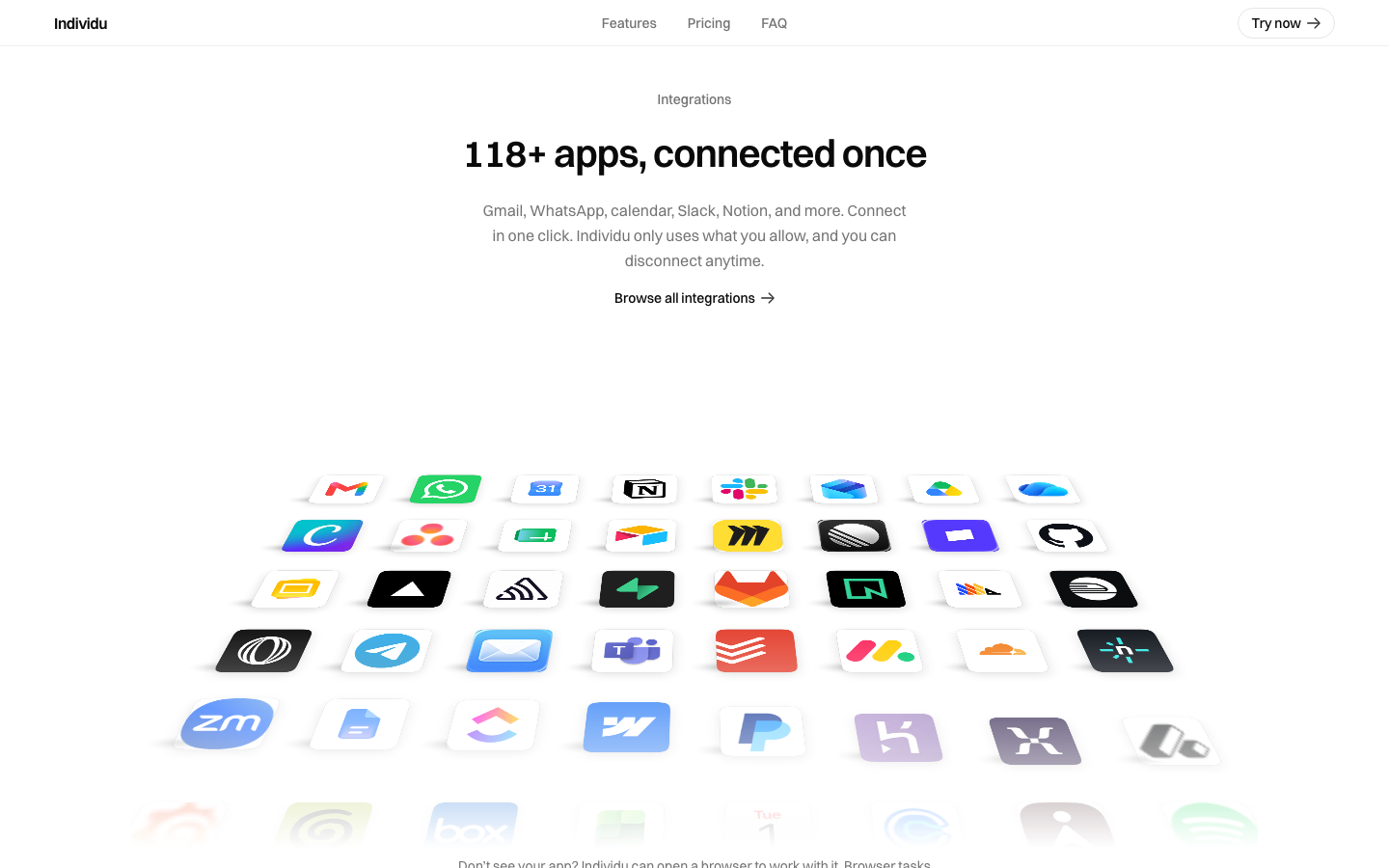 Individu landing page section explaining connected apps