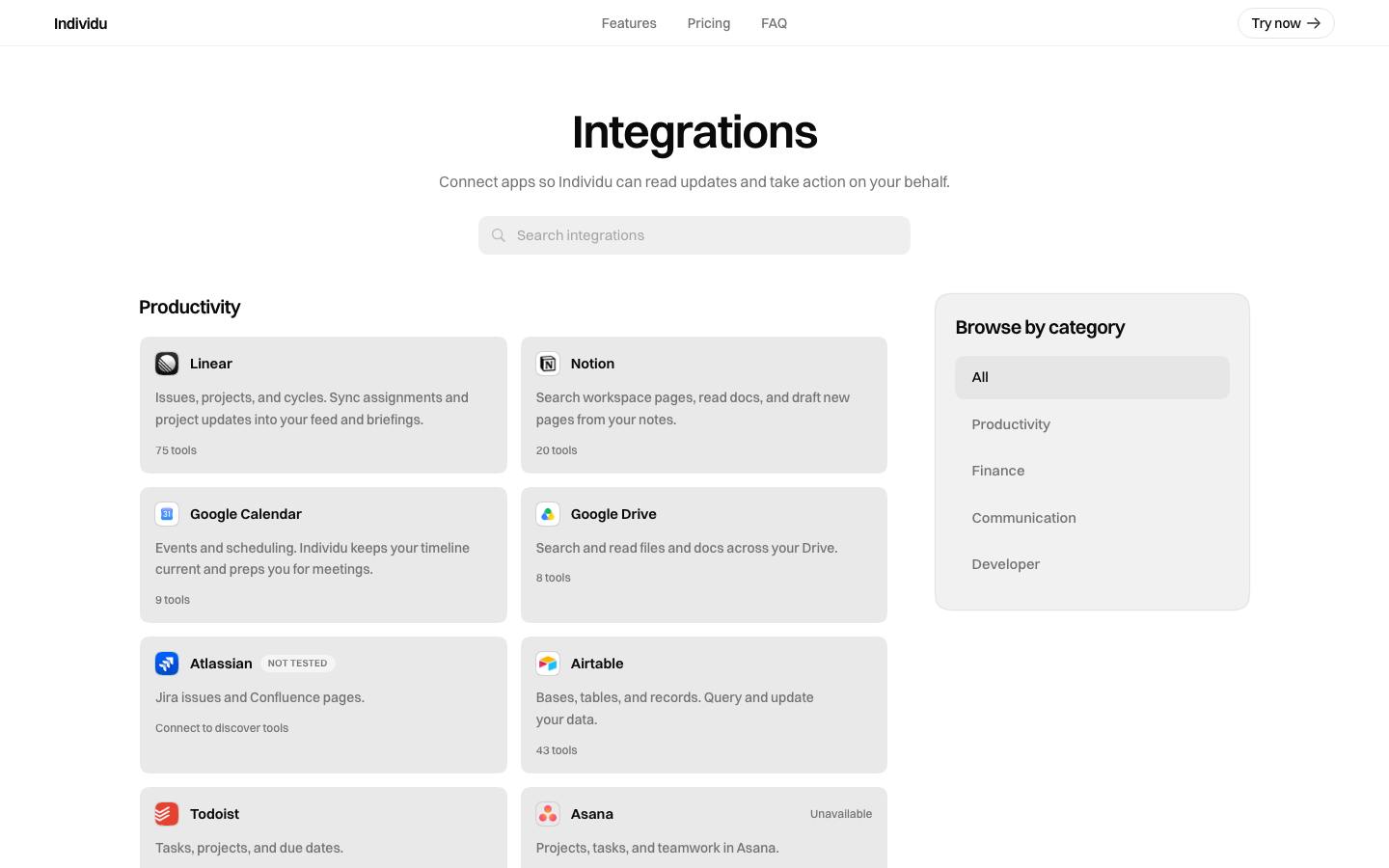 Individu integrations page with app categories and connector cards