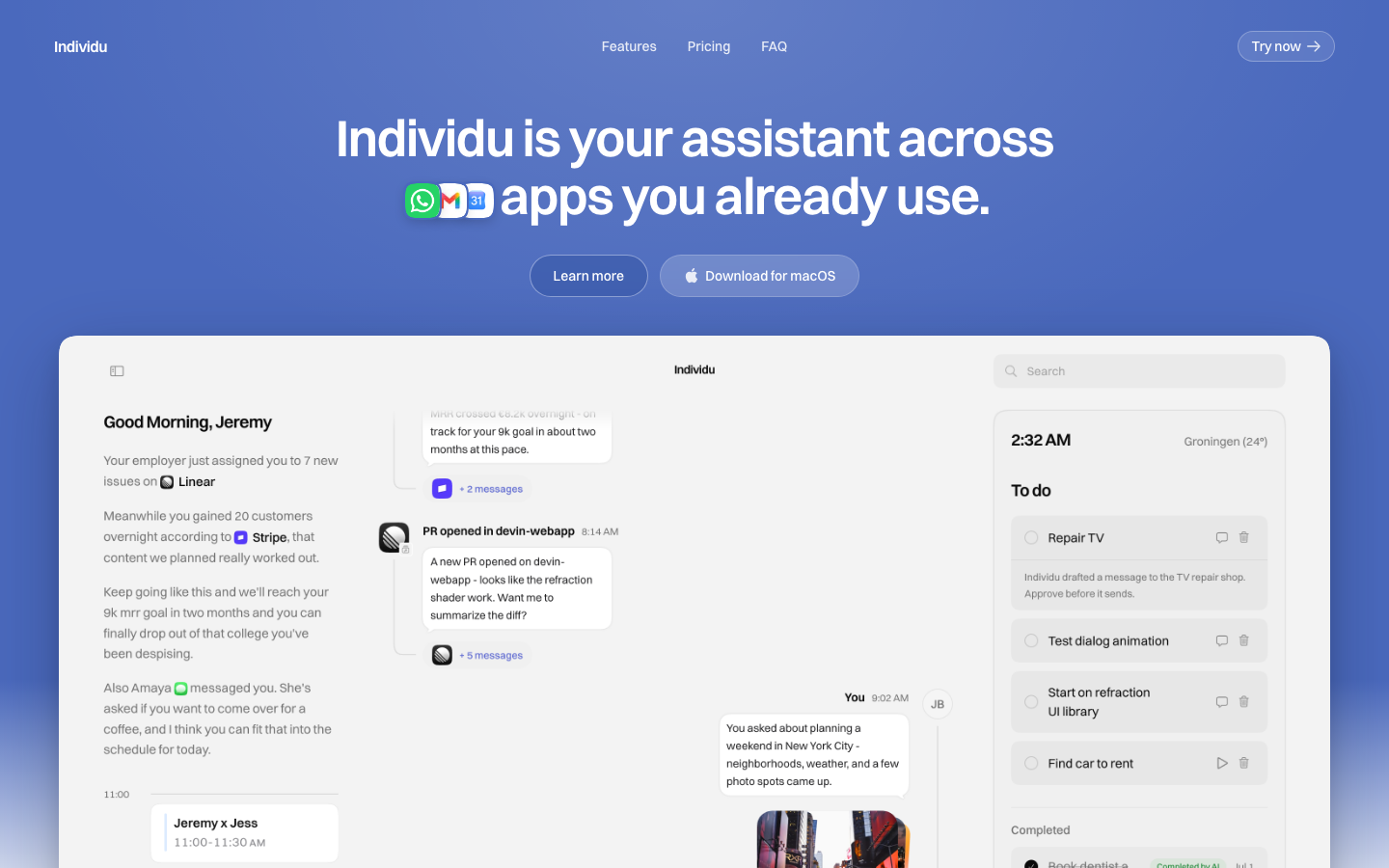Individu landing page introducing an assistant across connected apps