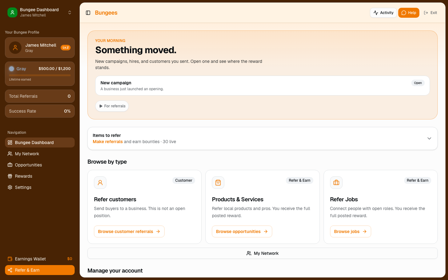 VIA VIA Bungee dashboard with referral categories and Bungee profile
