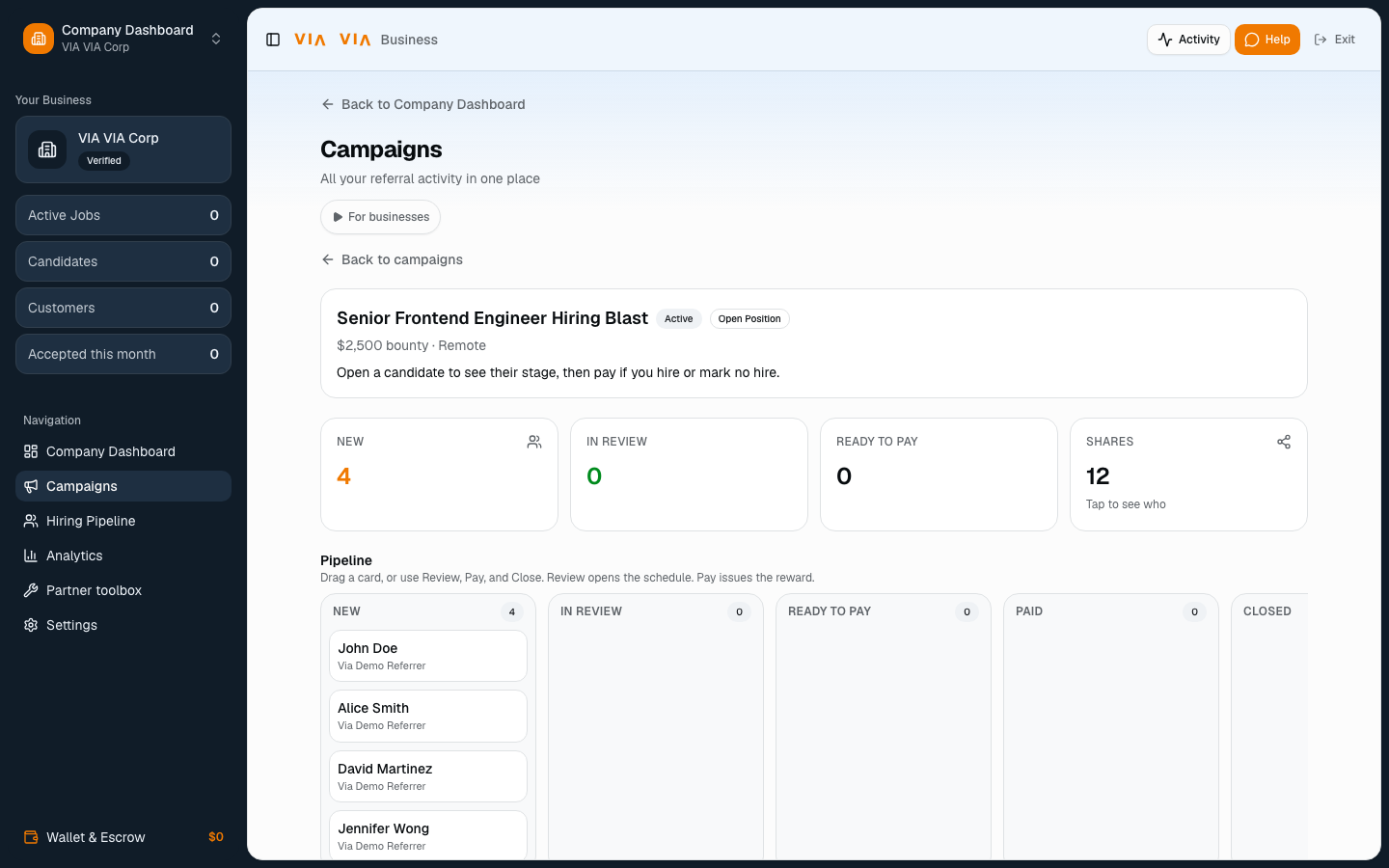 VIA VIA campaign detail with referred candidates arranged by stage