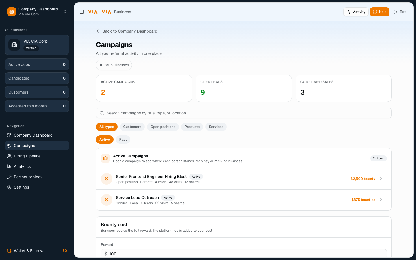 VIA VIA business demo showing active campaigns, leads, sales, and bounty costs