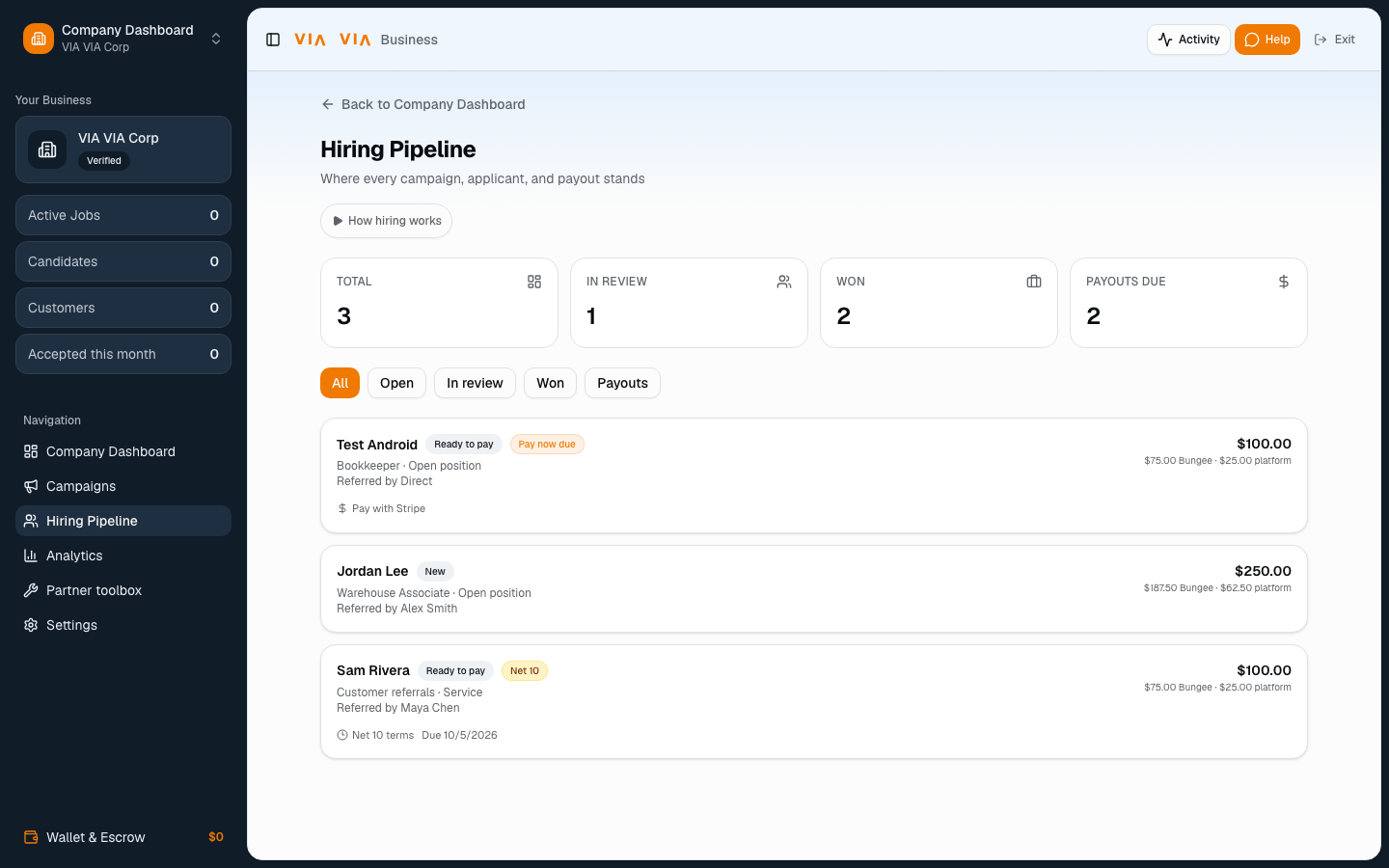VIA VIA hiring pipeline with candidate stages and payouts due