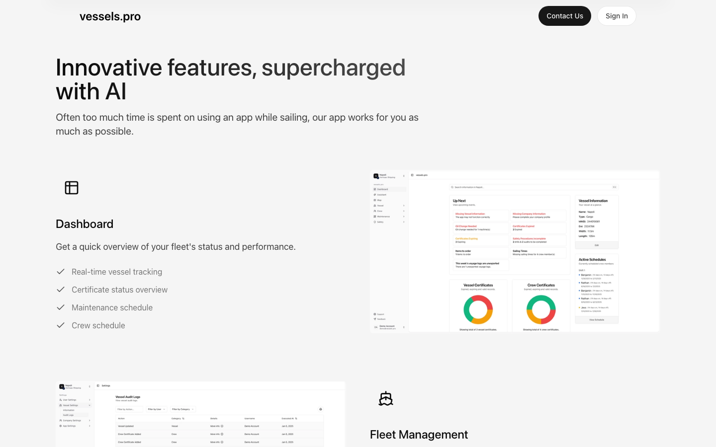 Vesselspro landing page feature section with dashboard preview and fleet status points