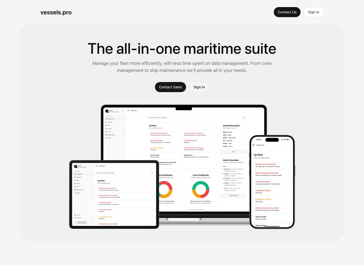 Vesselspro landing page with maritime suite headline and desktop, tablet, and phone product previews
