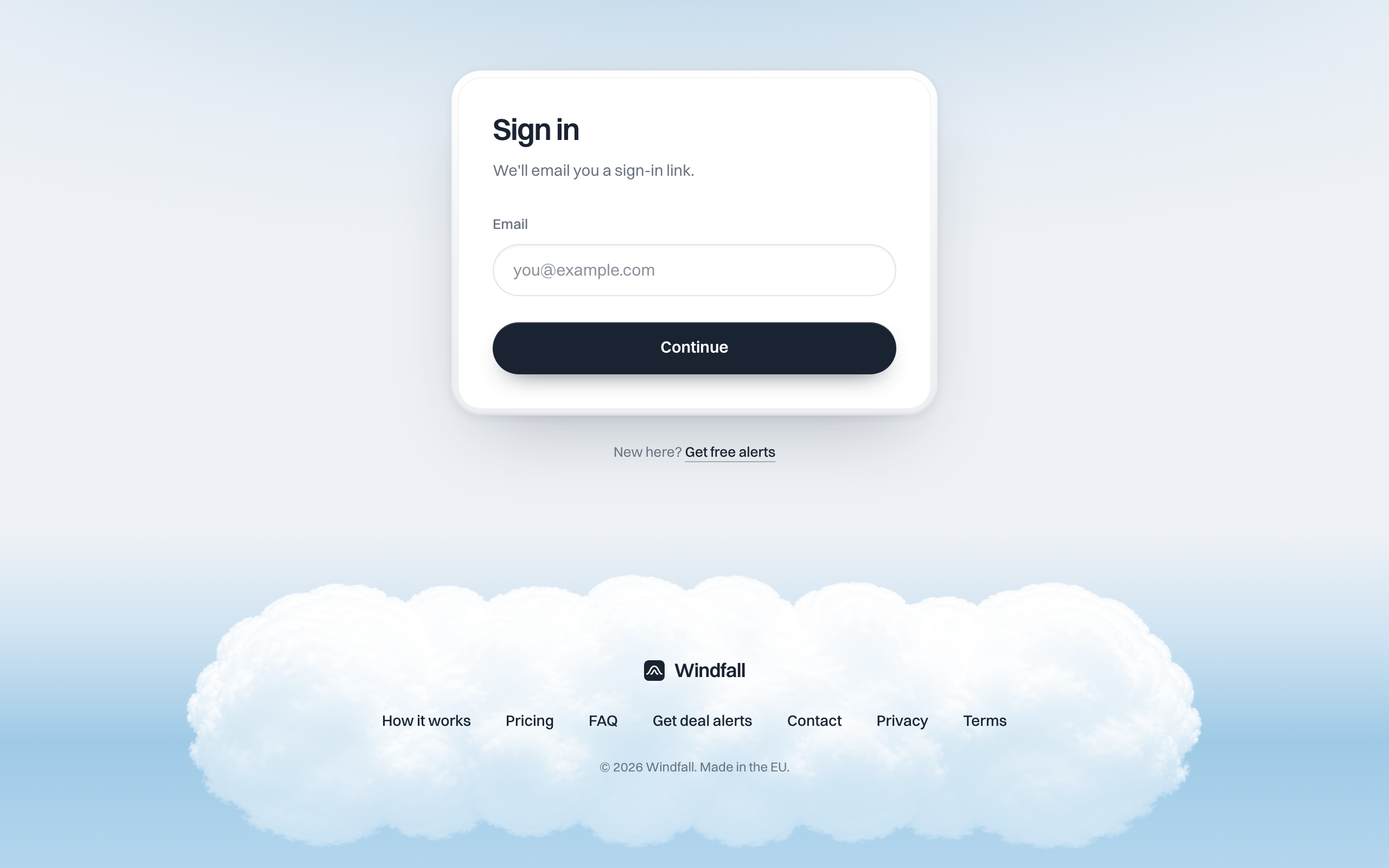 Windfall sign-in page with email magic link